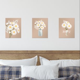 Jeux D'art Mural Fleurs marguerites blanches Monogramme Beige Set d