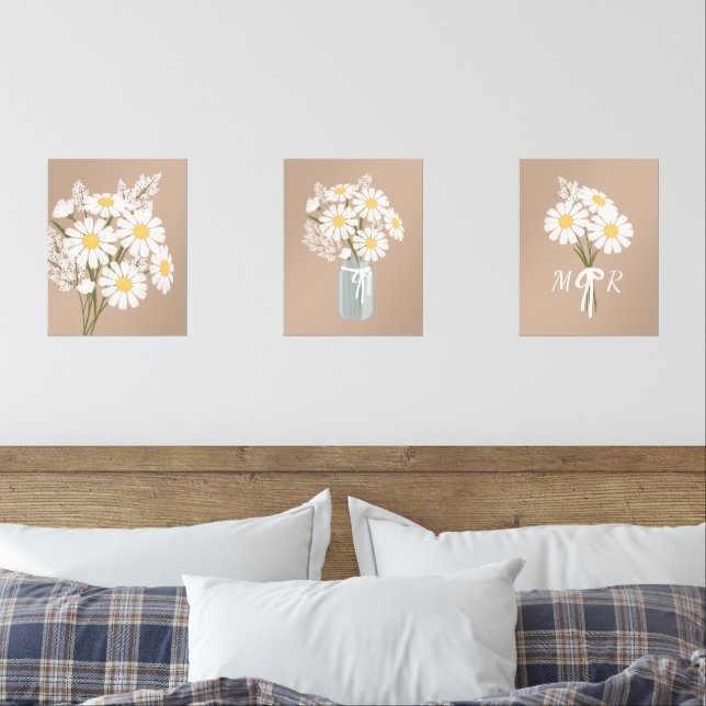 Jeux D'art Mural Fleurs marguerites blanches Monogramme Beige Set d (Chambre à coucher)