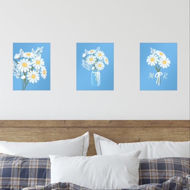 Jeux D'art Mural Fleurs marguerites blanches Monogramme Blue Set de (Chambre à coucher)