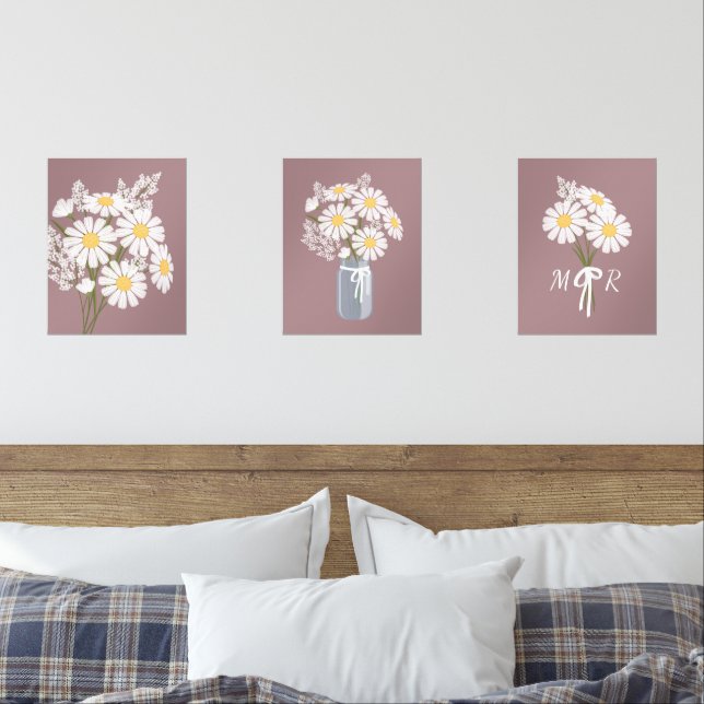 Jeux D'art Mural Fleurs marguerites blanches Monogramme Rosy Ensemb (Chambre à coucher)