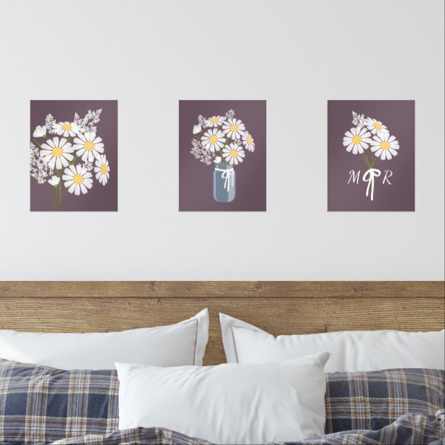 Jeux D'art Mural Fleurs marguerites blanches Monogramme violet fonc (Chambre à coucher)