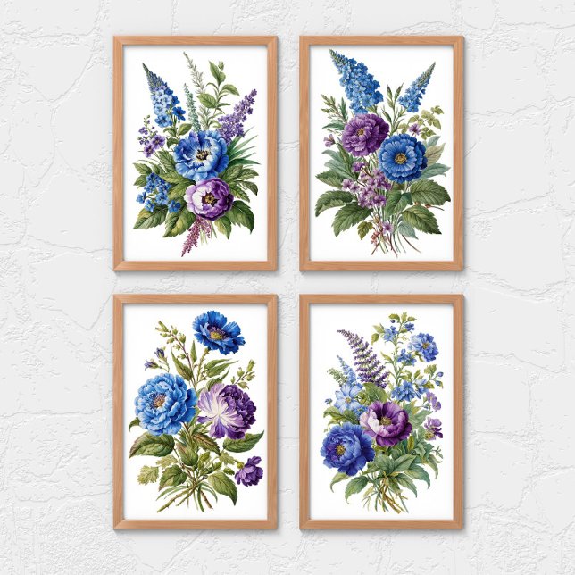 Jeux D'art Mural Flores Vintages violettes bleues (Blue Purple Floral Watercolor Vintage Wall Art set of 2, 3 or 4 prints)
