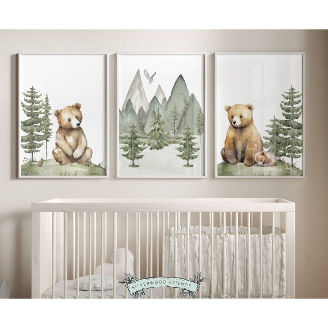 Jeux D'art Mural Imprimantes de la pépinière de l'ours forestier -  (et of 3 Forest Bear Nursery Prints featuring watercolour bears surrounded by woodland forests)