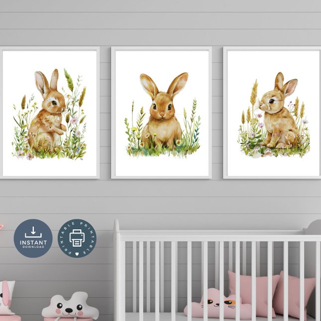 Jeux D'art Mural Imprimantes de pépinière de lapin, Aquarelle Neutr (Baby Bunny Rabbit Nursery Set of 2 or 3 Poster Prints.  Gender Neutral for boys or girls)