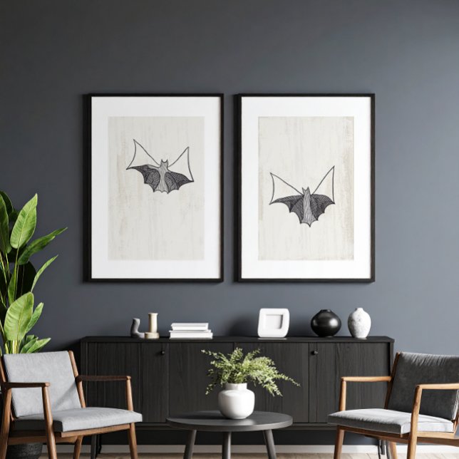Jeux D'art Mural Jeu de chauves-souris en dentelle gothique noire (two prints, pair of dark academia abstract gothic lace bats with warm neutral textured background)