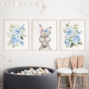 Jeux D'art Mural Lapin mignon, Lapin, Fleurs Bleues, Pépinière