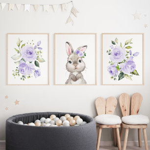 Jeux D'art Mural Lapin mignon, Lapin, Fleurs pourpres, Neutre Genre