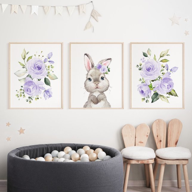 Jeux D'art Mural Lapin mignon, Lapin, Fleurs pourpres, Neutre Genre (Créateur téléchargé)