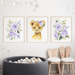 Jeux D'art Mural Lion, Safari, Fleurs pourpres, Neutre Genre