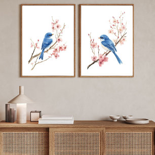 Jeux D'art Mural Oiseaux bleus Fleurs de cerisier Aquarelle Mur Art