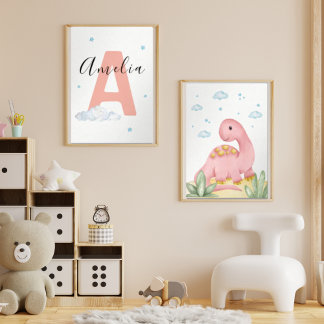 Jeux D'art Mural Pink Dinosaur Nursery Wall Art Set of 2 Print Set