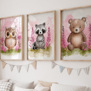 Jeux D'art Mural Pink Woodland Nursery Art Print Set