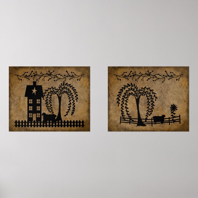 Jeux D'art Mural Prim Salt Box House Willow Tree Sheep Pip Berries (Recto)