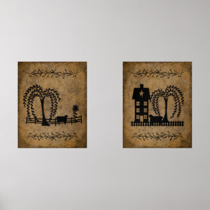 Jeux D'art Mural Prim Saltbox House Willow Trees and Sheep