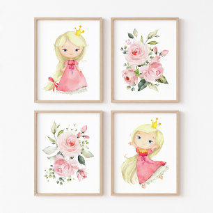 Jeux D'art Mural Princesse, Cheveux Blonde, Fleurs Roses, Petite No