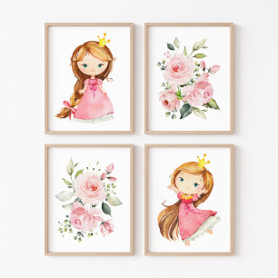 Jeux D'art Mural Princesse, Cheveux Brown, Fleurs roses, Nourriture