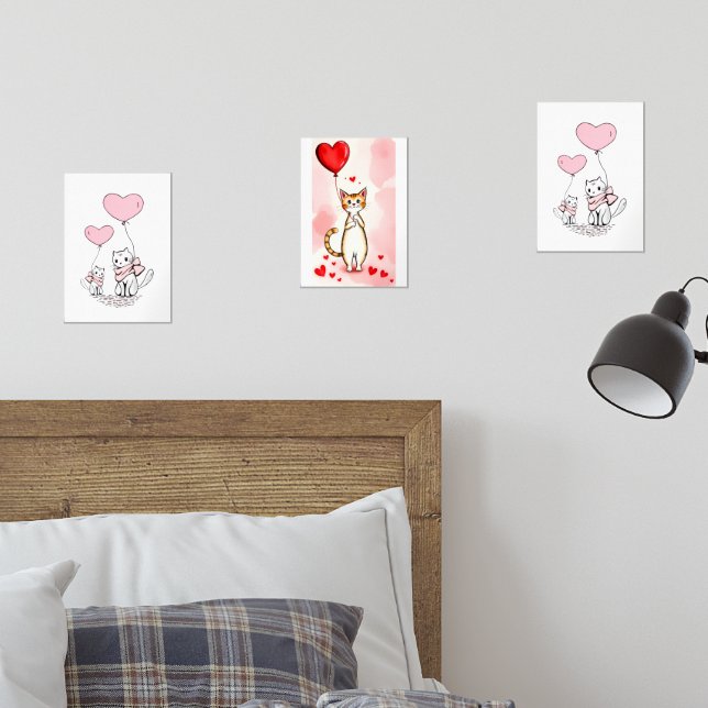 Jeux D'art Mural Print Set  Cat Red & Pink Hearts (Chambre à coucher)