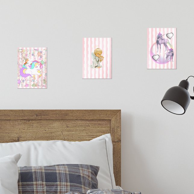 Jeux D'art Mural Print Set  Pink & White Stripe Unicorn Angel (Chambre à coucher)