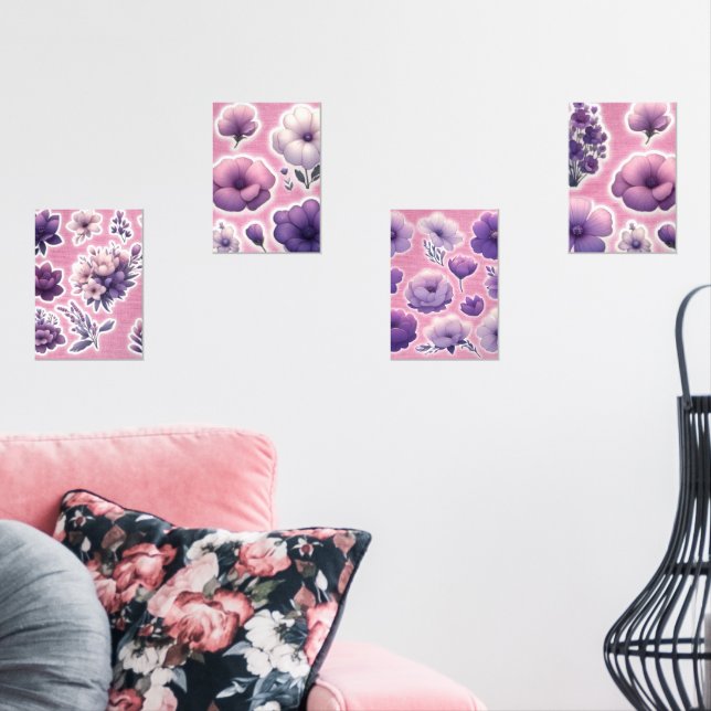 Jeux D'art Mural Purple Floral Print Set – Cute Pastel Flower Wall  (Salon)