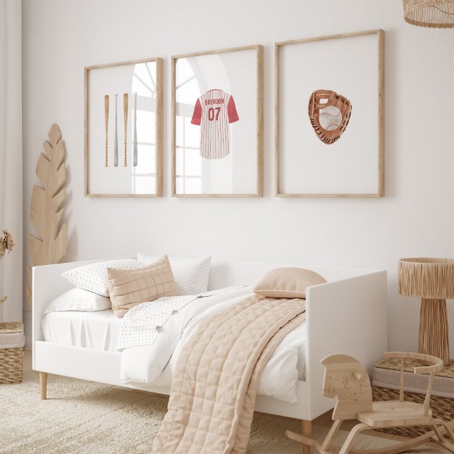 Jeux D'art Mural Red baseball sport nom personnalisé jeu de 3 poste (Créateur téléchargé)