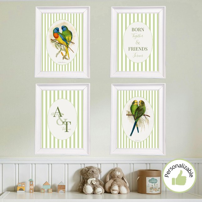 Jeux D'art Mural Sage Green Twins Lovebirds Baby Nursery Décor (Soft Pastel Sage Green Twins Lovebirds Boy Girl Gender Neutral Baby Nursery Decor Wall Art Sets)