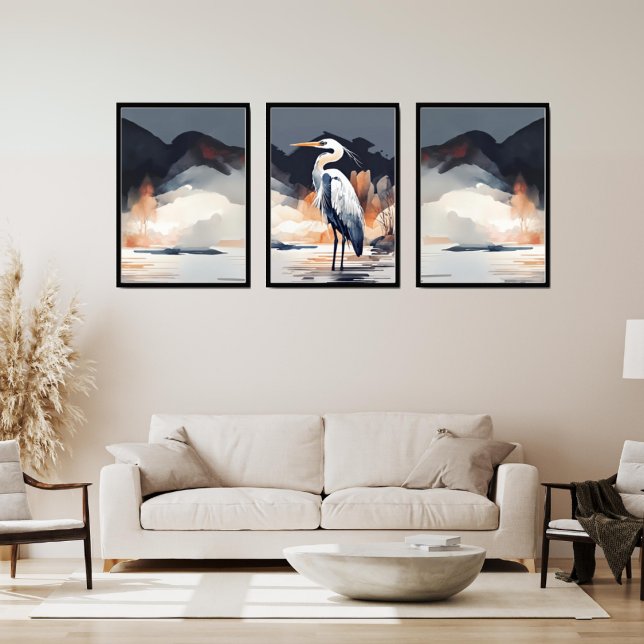 Jeux D'art Mural Set of 3 Heron Landscape Paintings | Orange & Gray (Créateur téléchargé)