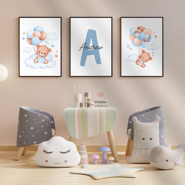 Jeux D'art Mural Teddy Bear nursery Baby Boy Initial Name wall art (Créateur téléchargé)