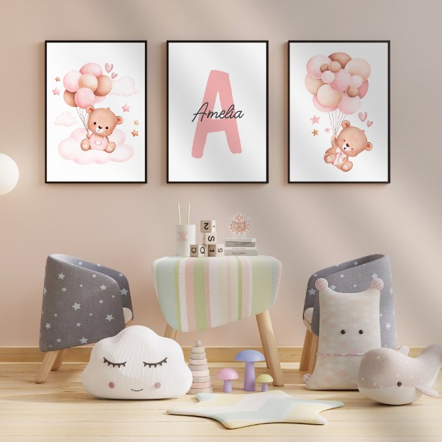 Jeux D'art Mural Teddy Bear nursery Baby Girl Initial Name wall art (Créateur téléchargé)