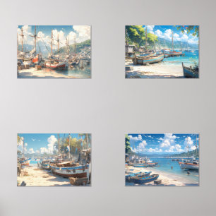 Jeux D'art Mural Village côtier avec bateaux de pêche