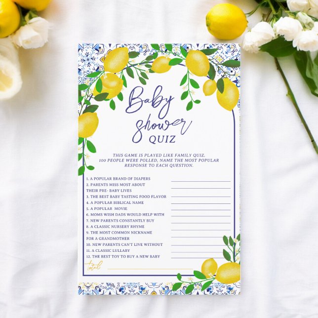 Jeux de baby shower au citron aquarelle avec des c (Blue tiles watercolor lemon baby shower games)
