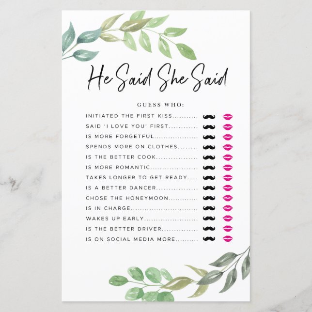 Jeux de Baby Shower Jeu Il a dit Elle a dit Verdur (Devant)