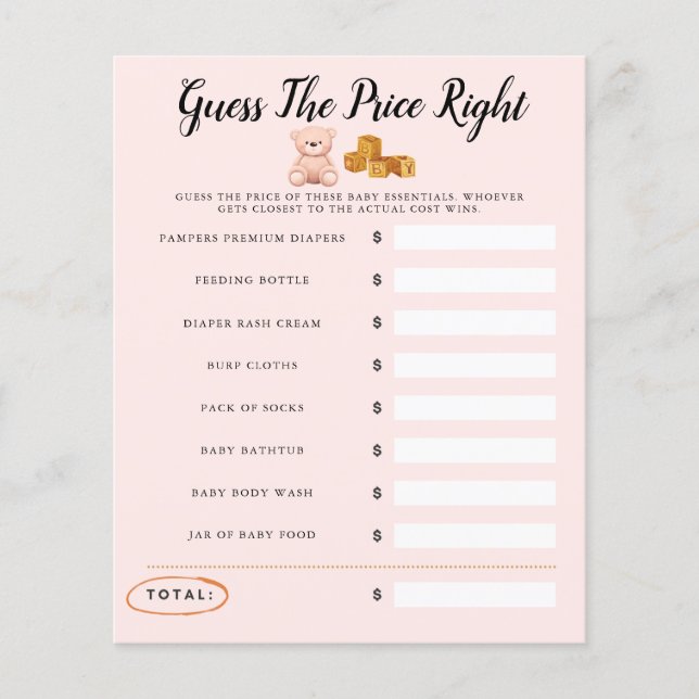 Jeux de Baby Shower Ours en Peluche Rose Devinez l (Devant)