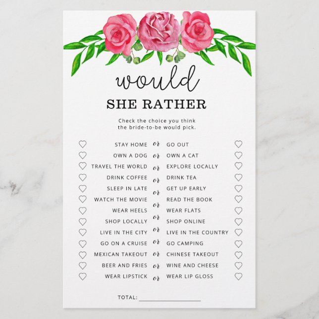 Jeux de baby shower « Roses Would she rather » (Devant)