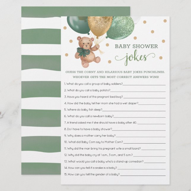 Jeux de blagues pour bébé Shower Bébé Ourson Vert  (Devant / Derrière)