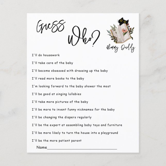 Jeux de devinette de Baby Shower : joli chat noir  (Devant)