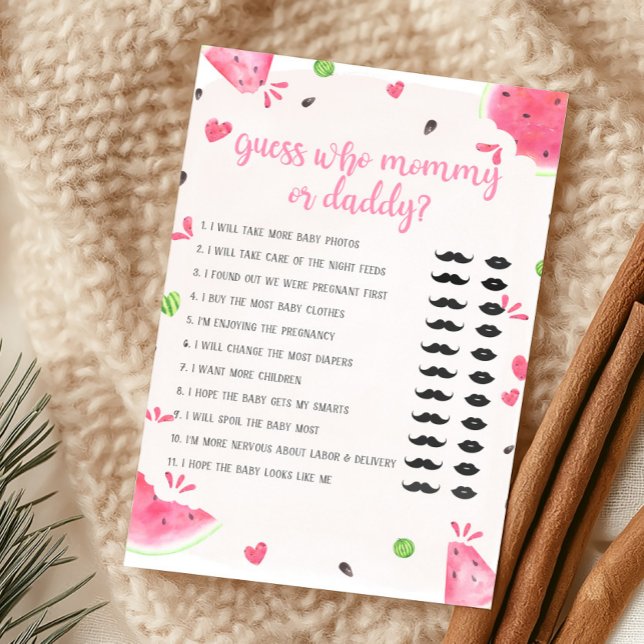 Jeux de devinette Maman ou Papa avec pastèque pour (Sweet Little Baby Shower Guess Who Mommy or Dady Game Card)
