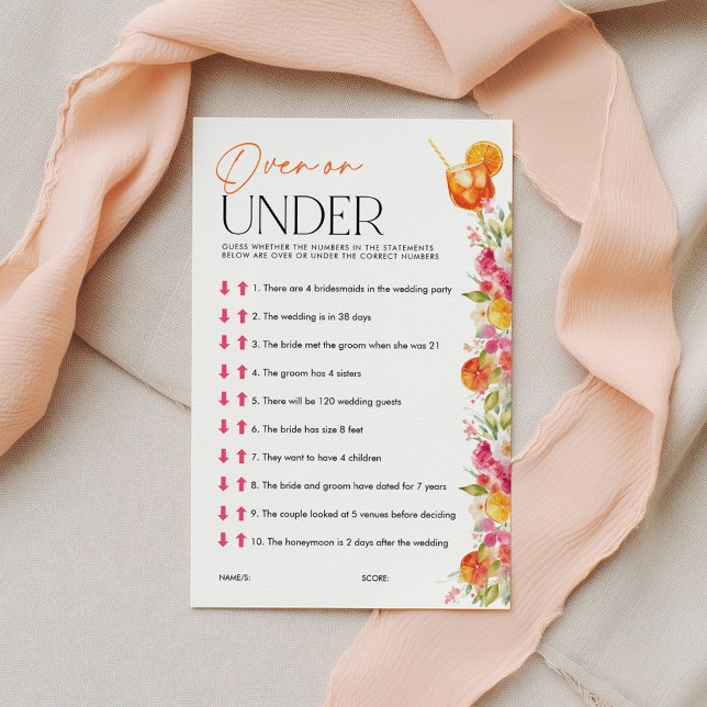 Jeux de douche de mariée Spritz Over ou Under (Over or Under? Love at First Spritz | Bright Floral Citrus Bridal Shower)