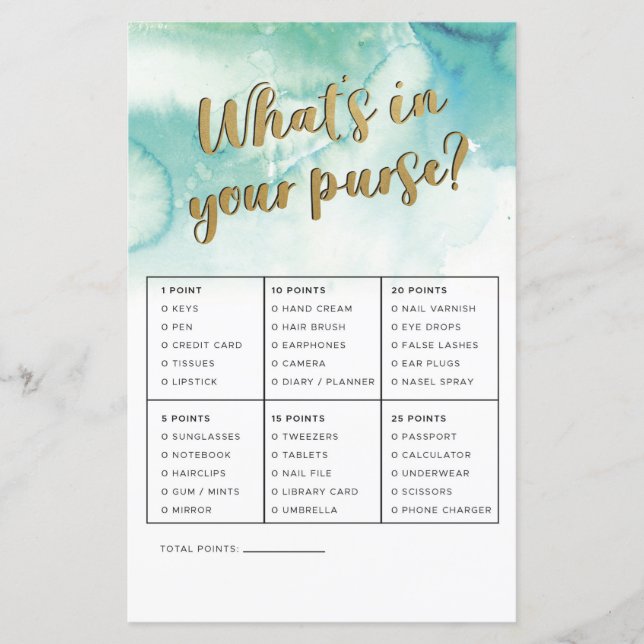Jeux de Fête des mariées Ce qui est dans votre sac (Devant)