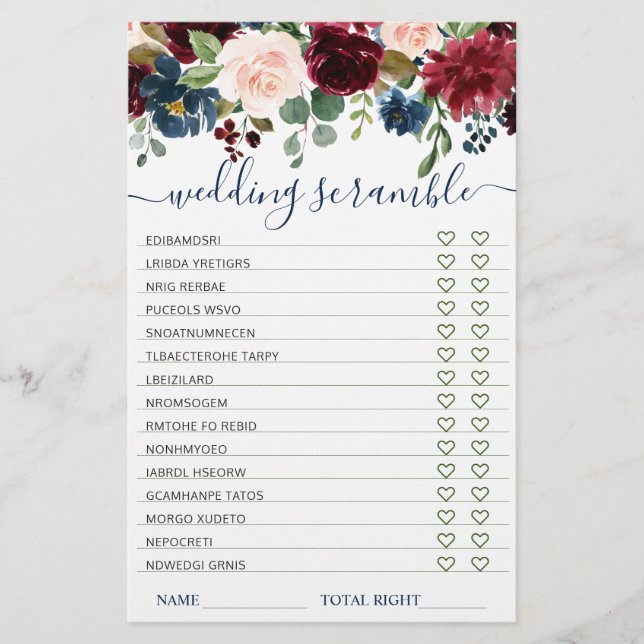 Jeux de fête prénuptiale Fleurs Blush Navy Bourgog (Devant)