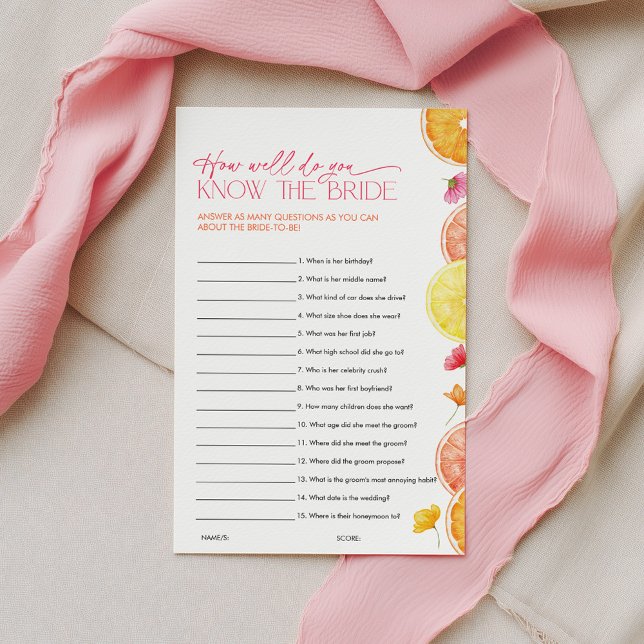 Jeux de Mariage de la Mariée Main Squeeze Connaiss (How well do you know the Bride? Main Squeeze Citrus Bridal Shower Game)