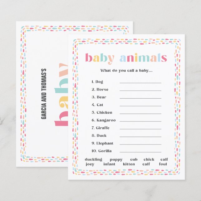 Jeux de Noms d'Animaux pour Baby Shower Arc-en-Cie (Devant / Derrière)