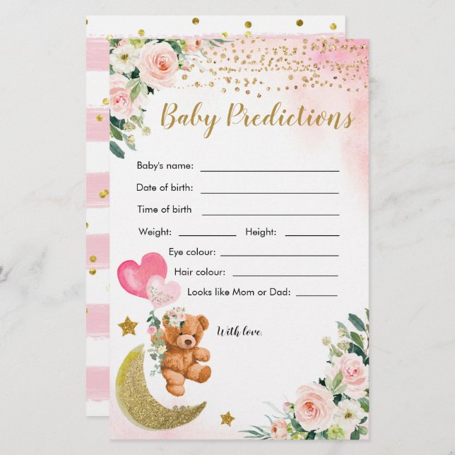 Jeux de prédictions pour bébés Baby shower rose (Devant / Derrière)