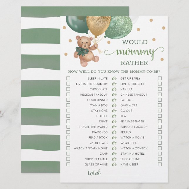 Jeux de Préférence de Maman pour la Baby Shower Te (Devant / Derrière)