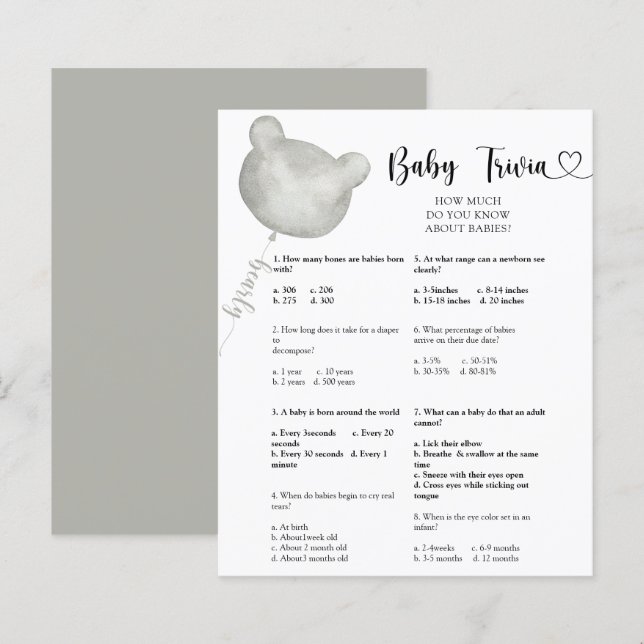 Jeux de quiz pour bébé ours | Jeu de baby shower (Devant / Derrière)