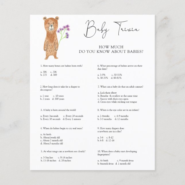 Jeux de quiz pour bébé ours | Jeu de baby shower (Devant)
