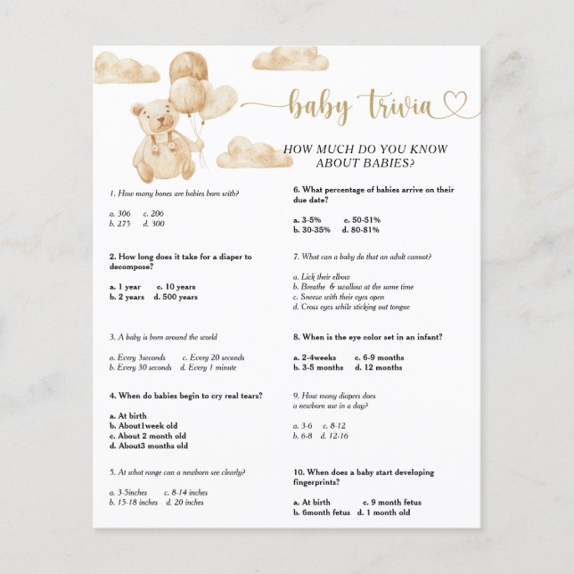 Jeux de quiz sur bébé ours | Jeu de baby shower (Devant)