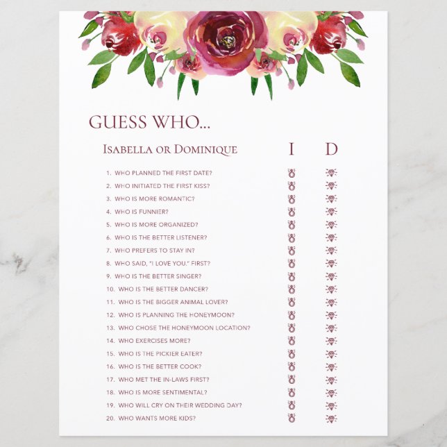 Jeux de recherche de mots de mariage et devine qui (Devant)