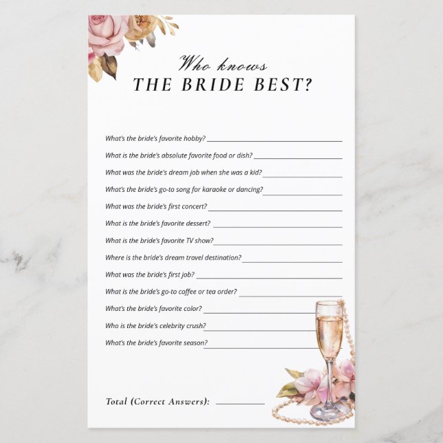 Jeux Prosecco Perles Qui Connaît le mieux la Marié (Devant)