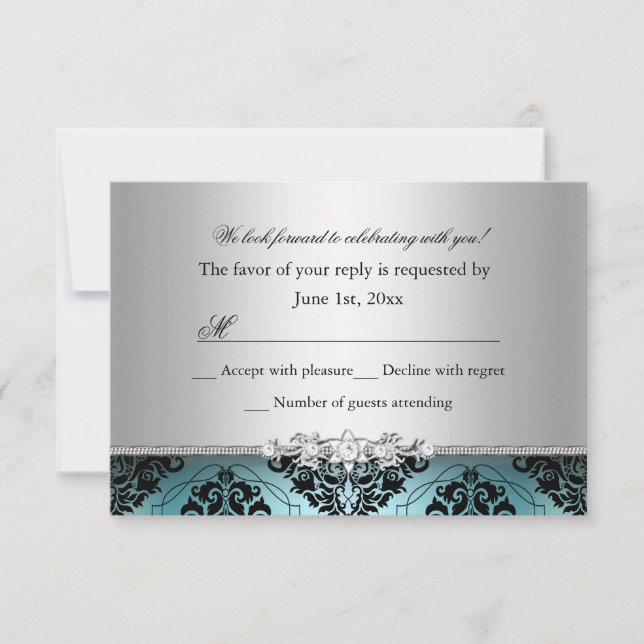 Jewel Damask Turquoise & Argent RSVP (Devant)