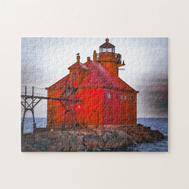Jigsaw Puzzle Red Lighthouse sur les mers tempétue (Horizontal)